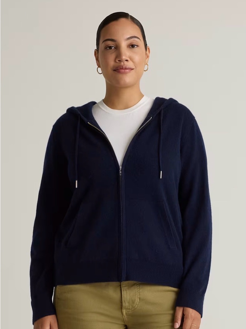 Quince Women’s 100% Mongolian Cashmere Navy Zip-Up Hooded Sweater